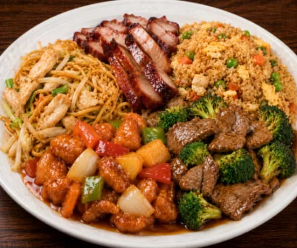 Three Items Combo For One - Chicken Chow Mein, BBQ, Pork Fried Rice, Sweet & Sour Pork, Beef & Broccoli.