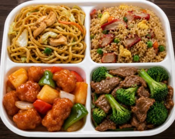Four Items Combo For One - Chicken Chow Mein, BBQ, Pork Fried Rice, Sweet & Sour Pork, Beef & Broccoli.