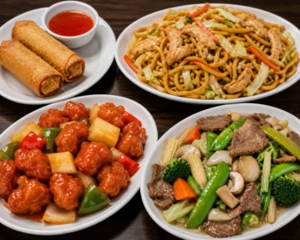 For Two (A) - Two egg rolls, sweet & sour pork, beef chop suey, and chicken chow mein.