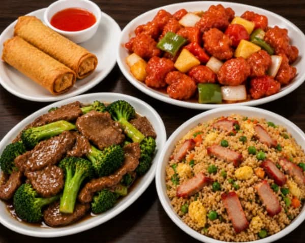 For Two (B) - Two egg rolls, sweet & sour pork, beef and broccoli, and BBQ pork-fried rice.