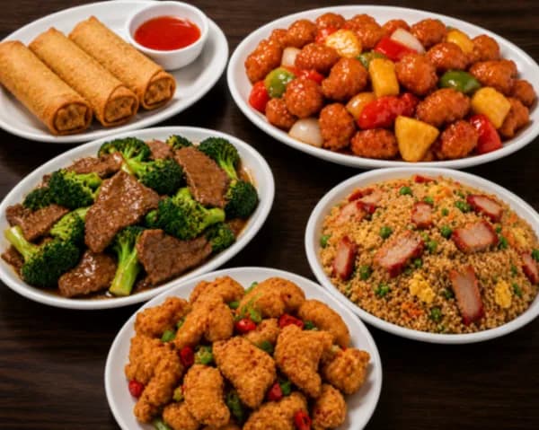 For Three (B) - Three egg rolls, sweet & sour pork, beef chop suey, chicken fried noodles, and 12 pieces of deep-fried prawns.