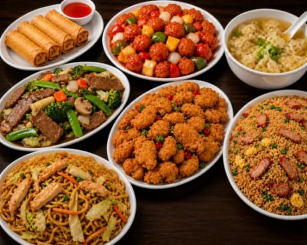 For Four (A) - Four egg rolls, sweet & sour pork, wonton soup(8), large deep-fried breaded chicken, beef chop suey, BBQ pork fried-rice, and chicken chow mein.