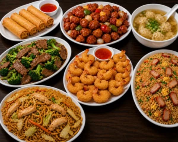 For Four (B) - Four egg rolls, honey pork, wonton soup(8), 16 pcs deep-fried prawns, beef and broccoli, BBQ pork-fried rice, and chicken chow mein.
