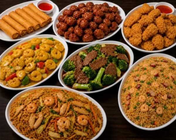 For Six (B) - Six egg rolls, honey pork, deep-fried breaded chicken, curry prawns, beef and broccoli, yang chow fried rice, and house special chow mein.