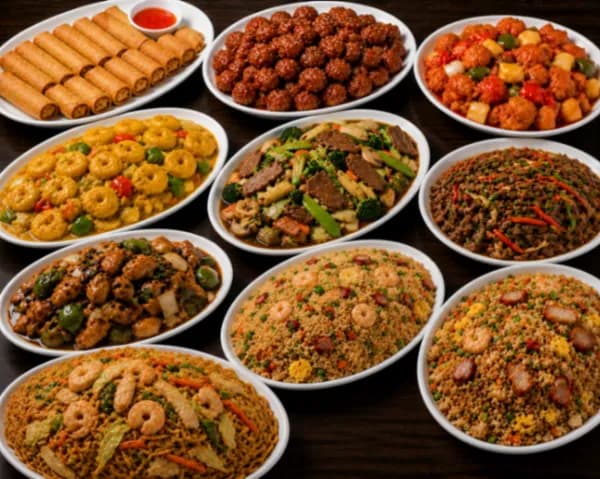 For Eight - Eight egg rolls, honey pork, curry prawns, sweet & sour chicken, beef chop suey, shredded beef tenderloin, chicken in black bean sauce, King Do fried rice, house special chow mein.